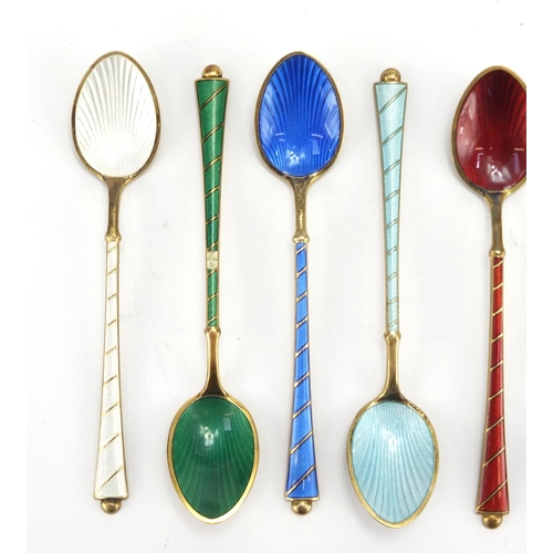 559 - Set of six Danish silver gilt and guilloche enamel teaspoons, by Ela, housed in a fitted box, each 9... 