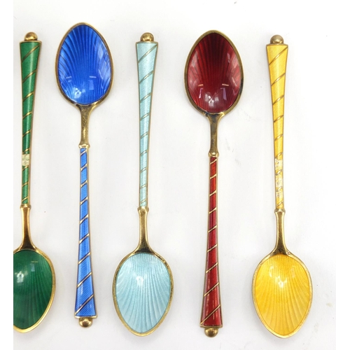 559 - Set of six Danish silver gilt and guilloche enamel teaspoons, by Ela, housed in a fitted box, each 9... 