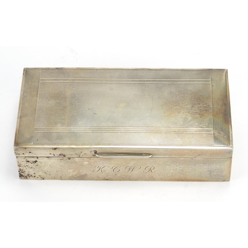 527 - Rectangular silver cigarette box with engine turned lid, by Mappin & Webb, Birmingham 1962, 17.5cm w... 