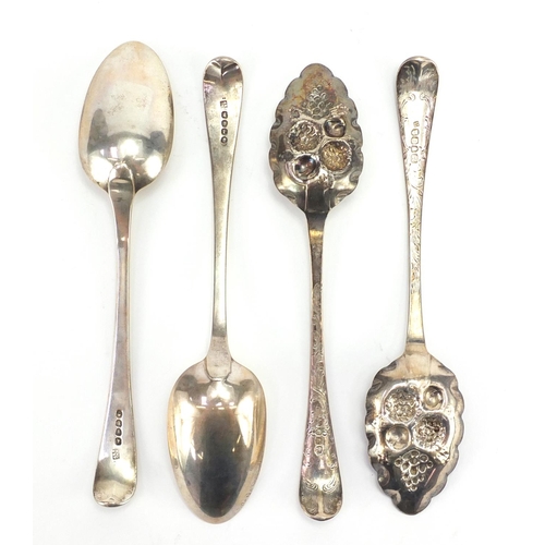 558 - Two pairs of Georgian silver berry spoons and tablespoons, London 1796 and 1810, the largest 21.5cm ... 