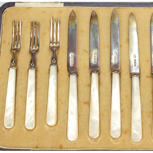 565 - Set of six silver and mother of pearl knives and forks by Alexander Clark & Co Ltd, housed in a fitt... 