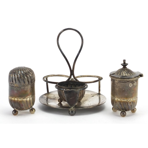 561 - Victorian silver three piece demi fluted cruet on stand, by Horace Woodward & Co Ltd, London 1894, 9... 