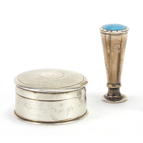 573 - Silver and guilloche enamel desk seal, circular trinket and silver flanked cigar cutter, various hal... 