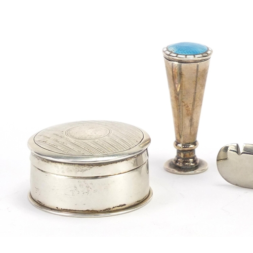 573 - Silver and guilloche enamel desk seal, circular trinket and silver flanked cigar cutter, various hal... 