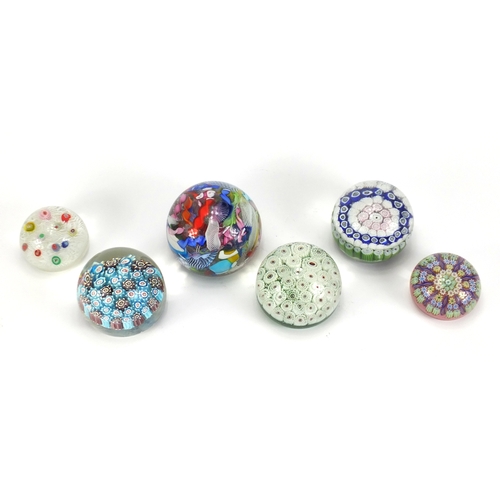 433 - Six colourful glass paperweights including Millefiori and Perthshire examples, the largest 7.5cm hig... 