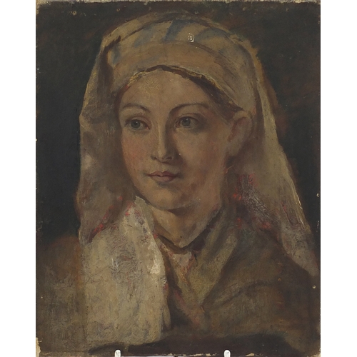 924 - Portrait of a female, 19th century oil on canvas, Windsor & Newton stamp verso, unframed, 25cm x 20c... 