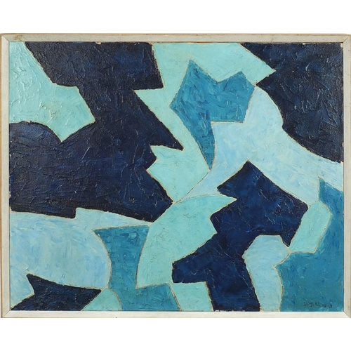 737 - Abstract composition, blue shapes, oil on canvas, bearing an indistinct signature possibly Seage Pol... 