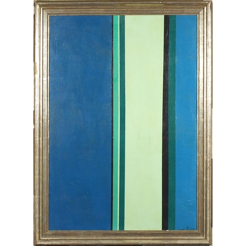 829 - Abstract composition, straight lines oil on board, bearing an indistinct signature possibly Barnett ... 