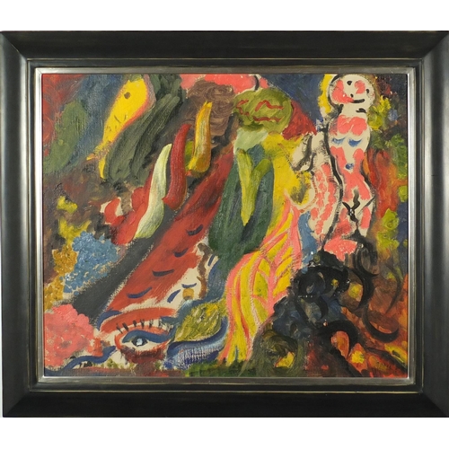 816 - Abstract composition, surreal figures, oil on board, bearing a signature Appel, mounted and framed, ... 