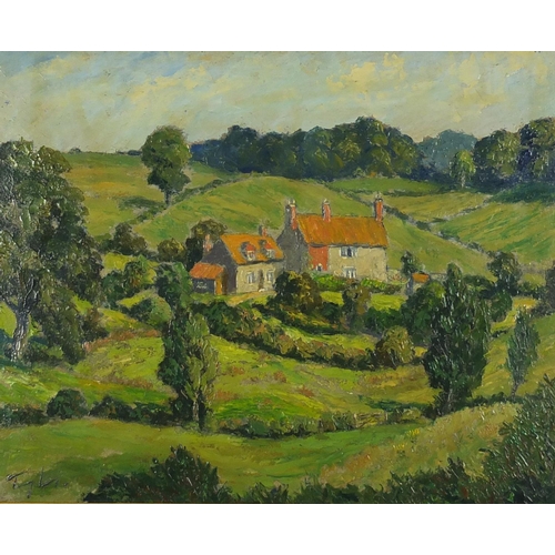 889 - Impressionist landscape with cottages, oil on board, bearing an indistinct signature, framed, 48cm x... 