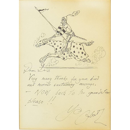 725 - Osbert Lancaster - Knight on horseback, ink illustration with inscription, The Parker gallery label ... 