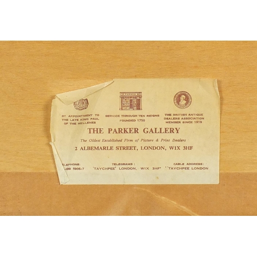 725 - Osbert Lancaster - Knight on horseback, ink illustration with inscription, The Parker gallery label ... 