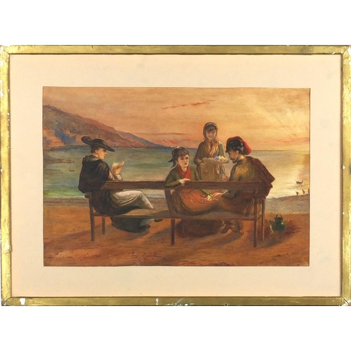 844 - Figures before water at sunset, 19th century watercolour, bearing a signature Aldridge, mounted and ... 