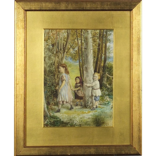 779 - J A Innes - Three children playing in woodland, 19th century watercolour, mounted and framed, 30.5cm... 