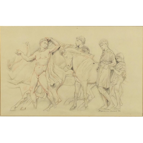 732 - Stephnie Harris '84 - Figures with horses, pencil and sanguine chalk, mounted unframed, 46cm x 29cm