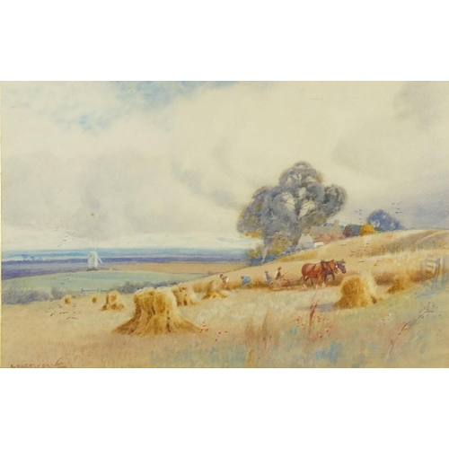 747 - Adelaide Haslegrave - Ploughing scene with windmill, 19th century watercolour, inscribed label verso... 