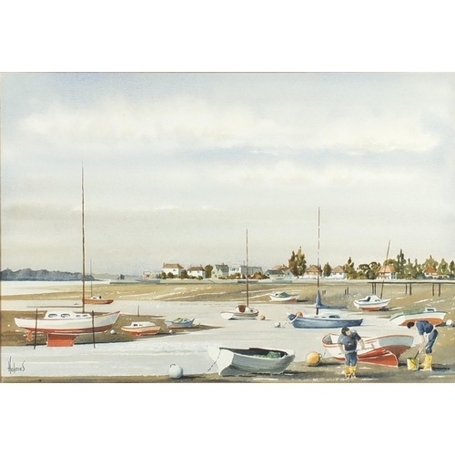 917 - David Holmes - Emsworth with moored boats, watercolour, label verso, mounted and framed, 54.5cm x 37... 