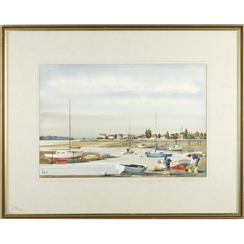 917 - David Holmes - Emsworth with moored boats, watercolour, label verso, mounted and framed, 54.5cm x 37... 