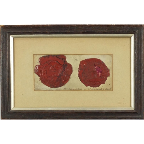 120C - Two antique wax seals, inscribed corporation of Sandwich, mounted and framed, the largest approximat... 