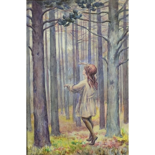 765 - Sybil Barham - Figure in woodland, early 20th century watercolour, framed, 34cm x 23cm