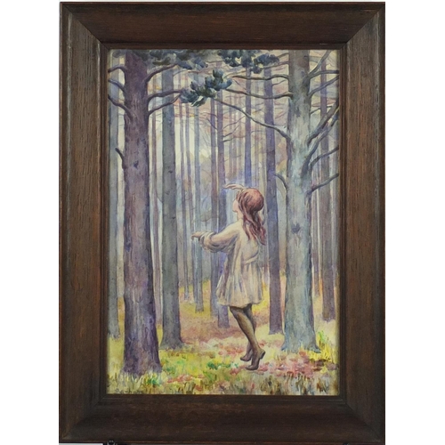 765 - Sybil Barham - Figure in woodland, early 20th century watercolour, framed, 34cm x 23cm