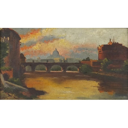 857 - Rome at sunset, early 20th century oil on board, framed, 16cm x 9cm