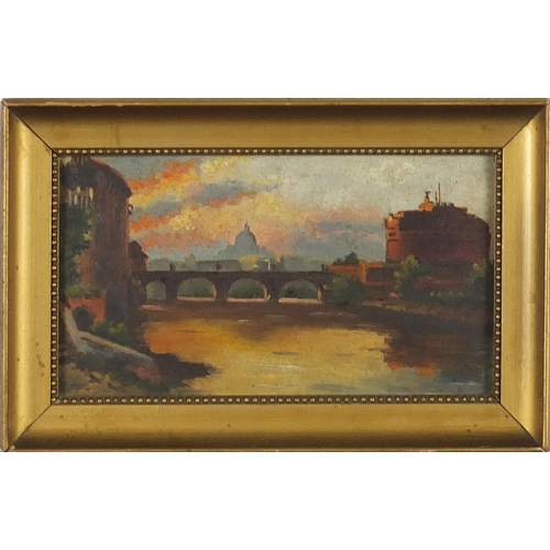857 - Rome at sunset, early 20th century oil on board, framed, 16cm x 9cm