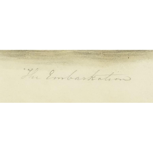 731 - The Embarkation, early 19th century Italian school pencil and wash, label verso, framed, 20.5cm x 15... 