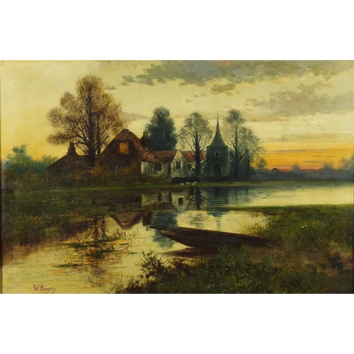 769 - William Langley - Lake before shepherd and buildings at sunset, 19th century oil on canvas, inscribe... 