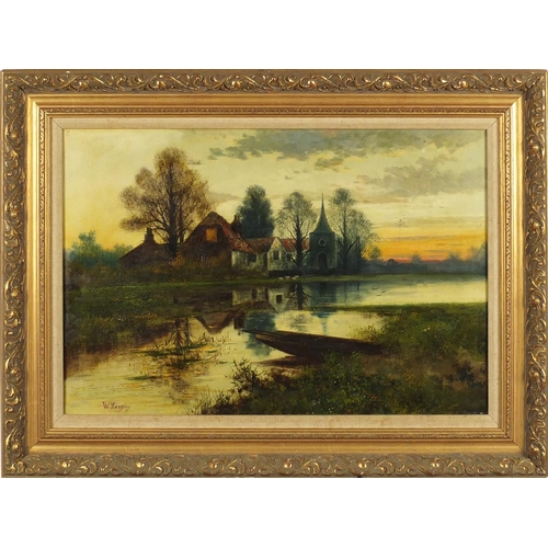 769 - William Langley - Lake before shepherd and buildings at sunset, 19th century oil on canvas, inscribe... 