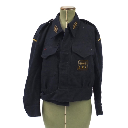 151 - British Military World War II London North Eastern Railway ARP jacket with badges, property of LNER ... 