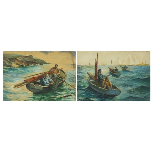 909 - Rob H Smith - Fishermen, Pair of Newlyn School watercolours on card, framed, each 54cm x 37cm