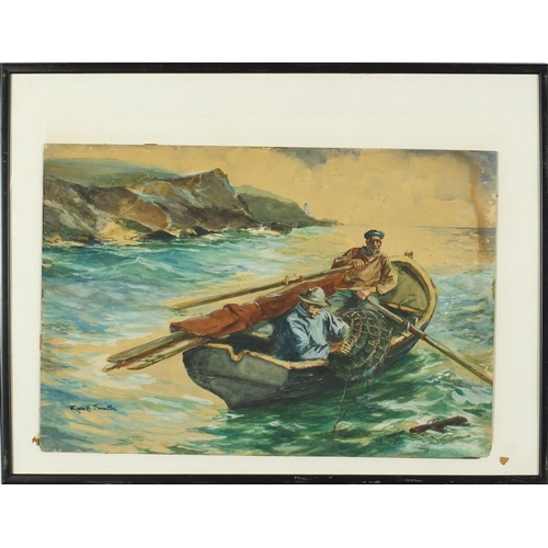 909 - Rob H Smith - Fishermen, Pair of Newlyn School watercolours on card, framed, each 54cm x 37cm