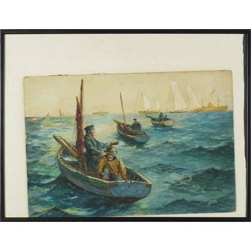 909 - Rob H Smith - Fishermen, Pair of Newlyn School watercolours on card, framed, each 54cm x 37cm