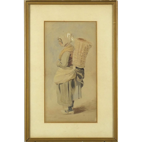 782 - Bartolomeo Pinelli - Italian fisherwoman, 19th century pencil and watercolour, mounted and framed, 3... 