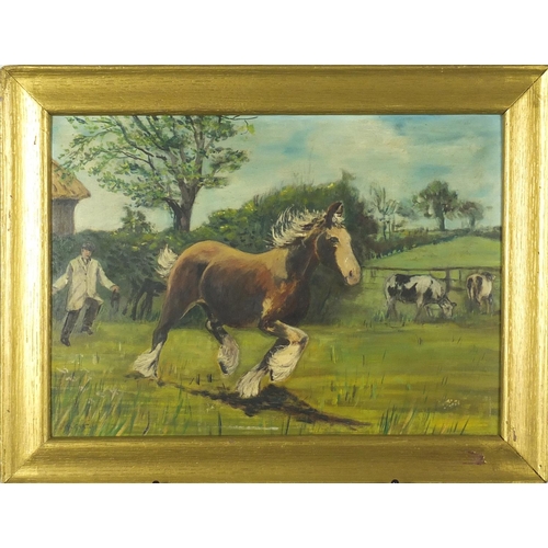 800 - Alexander Milligan Galt - Shire horses let loose, oil on board, framed, 44cm x 31cm