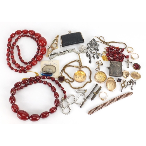 660 - Antique and later jewellery including cherry amber coloured bead necklaces, ladies 9ct gold pocket w... 