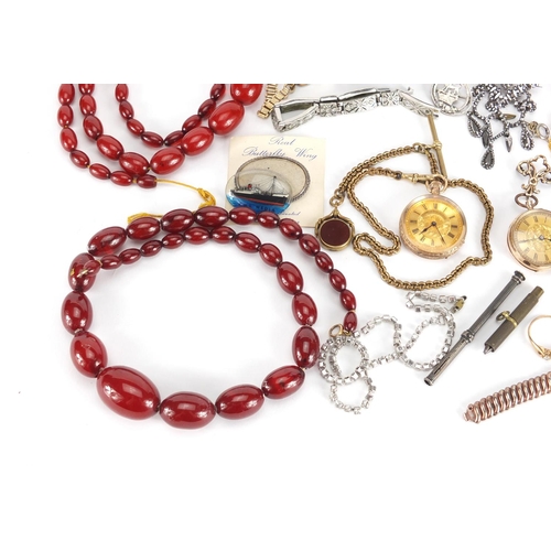 660 - Antique and later jewellery including cherry amber coloured bead necklaces, ladies 9ct gold pocket w... 