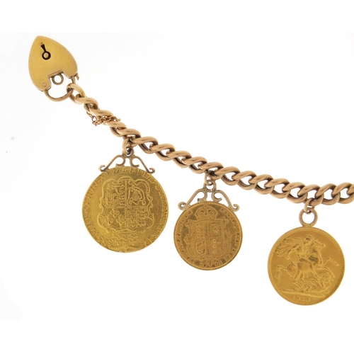 581 - Six gold coins on a 9ct gold bracelet, comprising 1785 Guinea, 1907 and 1913 sovereigns and 1892,190... 