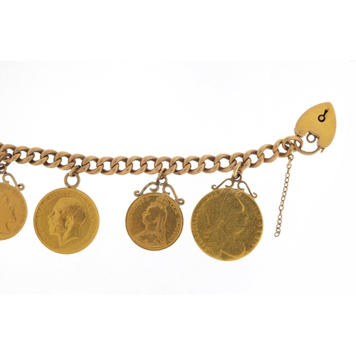 581 - Six gold coins on a 9ct gold bracelet, comprising 1785 Guinea, 1907 and 1913 sovereigns and 1892,190... 