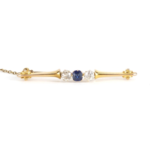 591 - Unmarked gold diamond and sapphire bar brooch, 5.5cm in length, approximate weight 3.8g