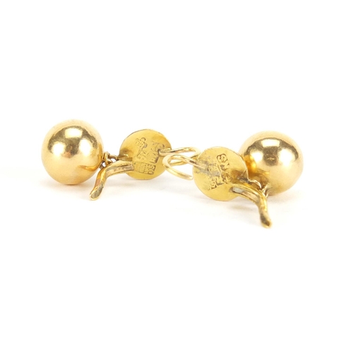 617 - Pair of Chinese 18ct gold ball earrings, 3.5cm in length, approximate weight 6.8g