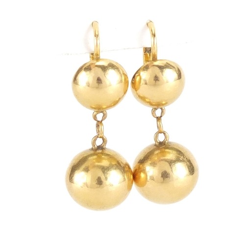 617 - Pair of Chinese 18ct gold ball earrings, 3.5cm in length, approximate weight 6.8g