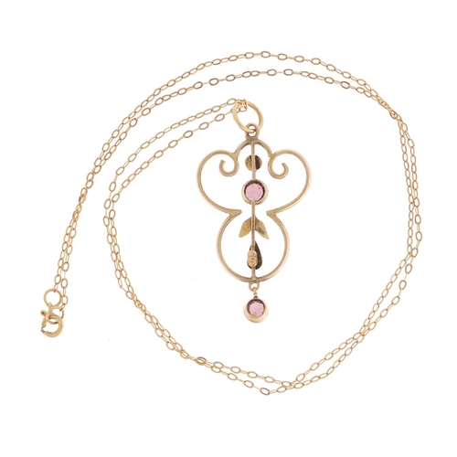 612 - Art Nouveau 9ct gold pink stone and seed pearl pendant on a 9ct gold necklace, the pendant 3.5cm in ... 