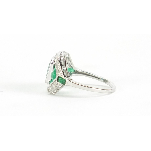 637 - Art Deco style 18ct white gold emerald and diamond ring, size J, approximate weight 2.9g