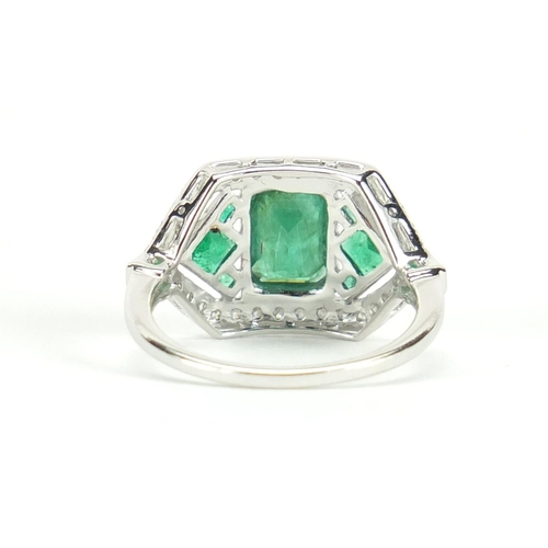 637 - Art Deco style 18ct white gold emerald and diamond ring, size J, approximate weight 2.9g