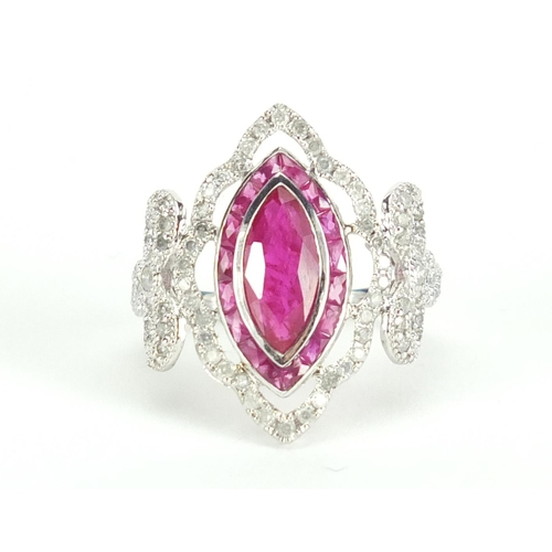 599 - 18ct white gold ruby and diamond ring, size L, approximate weight 3.7g