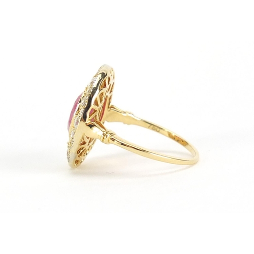 616 - 18ct gold ruby and diamond ring, size J, approximate weight 3.5g