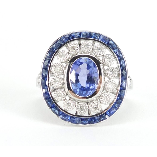 619 - Art Deco style 18ct white gold tanzanite and diamond ring, size J, approximate weight 3.9g