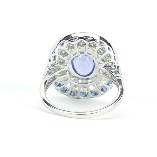 619 - Art Deco style 18ct white gold tanzanite and diamond ring, size J, approximate weight 3.9g